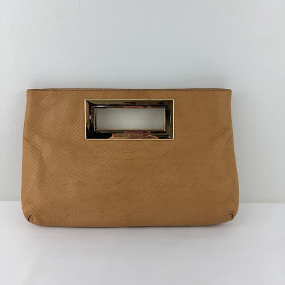 Michael Handbags - Michael Kors Tan Snakeskin Embossed‎ Leather Clutch Gold Frame